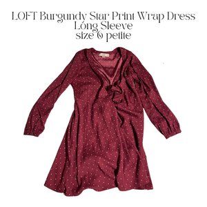 LOFT Burgundy Star Print Wrap Dress Long Sleeve size 6 petite